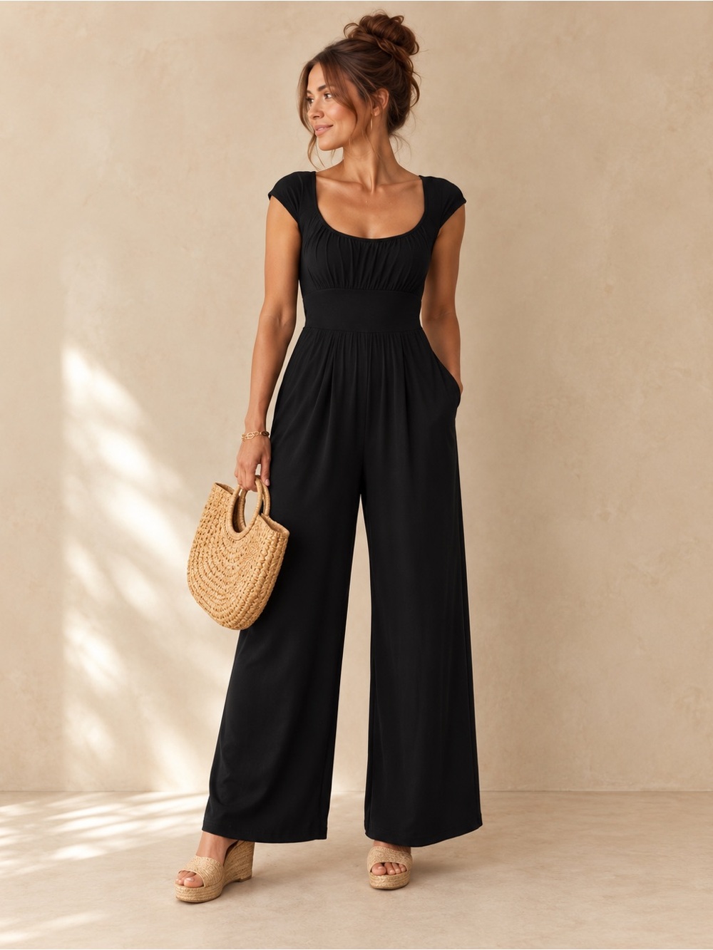 Madewell wide leg jumpsuit women’s size 12 black cap sleeve one piece B12